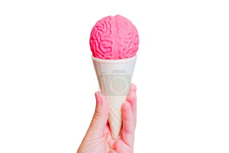 Photo for Ice cream cone with a jelly-like human brain model in hand isolated on white background. Thoughtful sweet treat concept. - Royalty Free Image
