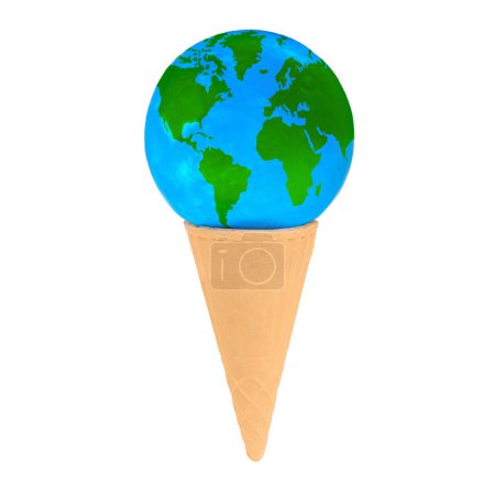 Téléchargez les photos : Globe miniature délicatement placé à l'intérieur d'un cône de gaufre croustillant, créant une représentation unique et ludique du monde. Aventure, exploration et douceur de la découverte. - en image libre de droit