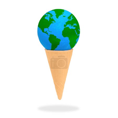 Téléchargez les photos : Globe miniature niché à l'intérieur d'un cône de gaufre isolé sur fond blanc. La joie du voyage et le frisson des nouvelles expériences. - en image libre de droit