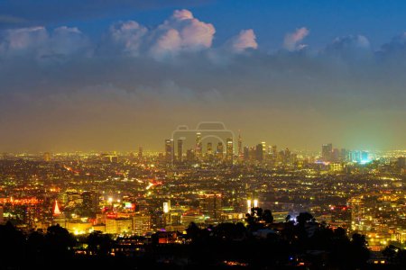 Photo for Los Angeles, California - January 6, 2023: Illuminated City under the Night Sky as Seen from the Runyon Canyon Vantage Point - Royalty Free Image