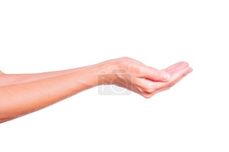 Foto de Par de manos femeninas ventosas que se extienden hacia el exterior aisladas sobre fondo blanco. - Imagen libre de derechos