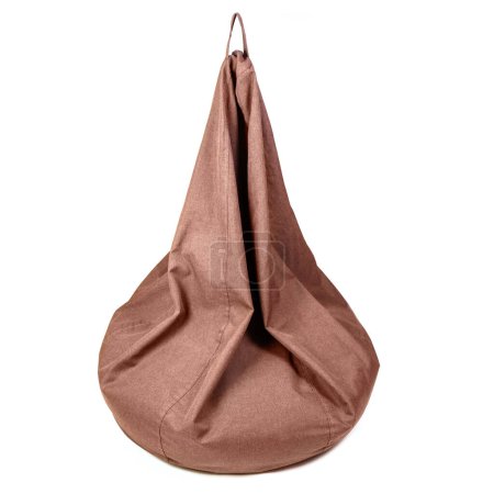 Close-up of a deflated brown bean bag chair isolated on white background.