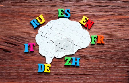 Gehirnförmiges Puzzle in der Mitte, umgeben von verschiedenen bunten zweibuchstabigen Sprachcodes auf dunklem Holzgrund. Neue Sprachen erlernen und andere Kulturen verstehen.