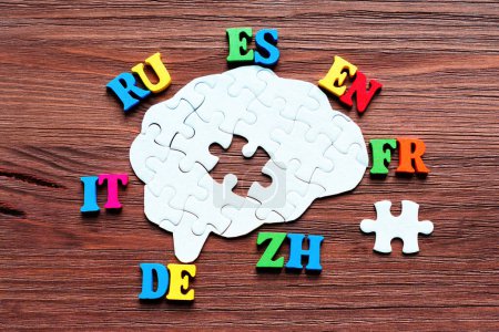 Gehirnpuzzle in der Mitte, wobei ein zentrales Teil abgetrennt und zur Seite gelegt wird. Die übrigen Stücke sind von verschiedenen farbenfrohen zweibuchstabigen Sprachcodes umgeben. Laufender Prozess des Spracherwerbs.