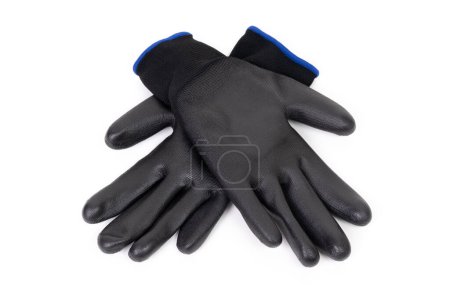 Polyurethane coated protective gloves set on white background. Industrial work and safety related concept.