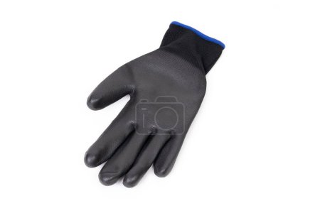 Close-up of a black work glove with a polyurethane coating isolated on white background.