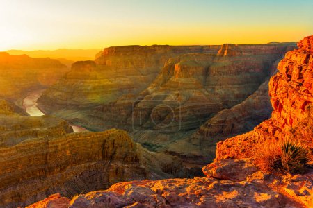 Panorama ensoleillé du Grand Canyon, montrant des murs stratifiés et le fleuve Colorado serpentant au fond.