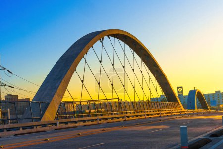 Stunning view of a section of the iconic 6th Street Bridge in Los Angeles during sunset.