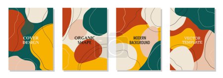 Illustration for Set of 4 wall art posters, brochure, flyer templates. Organic line abstract shapes, hand drawn design, simple wallpaper. Dynamic contemporary line graphic vector vintage design, liquid or fluid. - Royalty Free Image