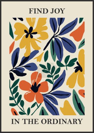 Botanical Matisse inspired flower wall art posters, brochure, flyer templates, contemporary collage. Organic shapes, line floral pattern with positive quote, Find joy in the ordinary.. 