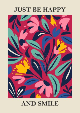 Botanical Matisse inspired flower wall art posters, brochure, flyer templates, contemporary collage. Organic shapes, line floral pattern with positive quote, Just be happy and smile