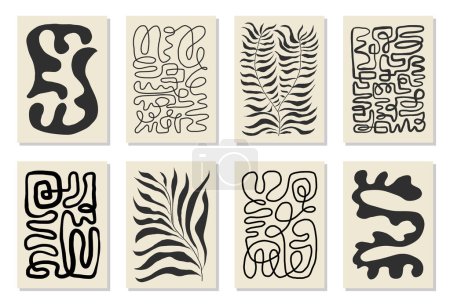Ilustración de Set de 8 carteles de arte mural inspirados en Matisse, folleto, plantillas de folleto, collage contemporáneo. Orgánica de una línea abstracta diseño dibujado a mano, fondo de pantalla. Vector vintage gráfico de formas dinámicas - Imagen libre de derechos