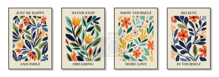 Illustration for Set of 4 botanical Matisse inspired wall art posters, brochure, flyer templates, contemporary collage. Organic shapes, line floral pattern with positive motivational, inspirational quotes. - Royalty Free Image