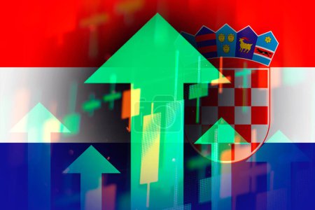 Foto de Increasing green arrows on the background of Croatia flag, showing a trend of the economy in global crisis, April 2022, San Francisco, USA - Imagen libre de derechos