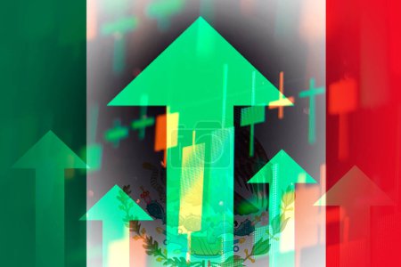 Téléchargez les photos : Increasing green arrows on the background of Mexico flag, showing a trend of the economy in global crisis, April 2022, San Francisco, USA - en image libre de droit
