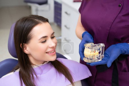 Orthodontist explains the procedure of alignment of teeth to the patient using a jaw layout in modern dentistry clinic