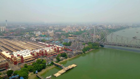 Photo for Aerial view of Howrah Bridge, This is a balanced steel bridge over the Hooghly River in West Bengal, India. - Royalty Free Image