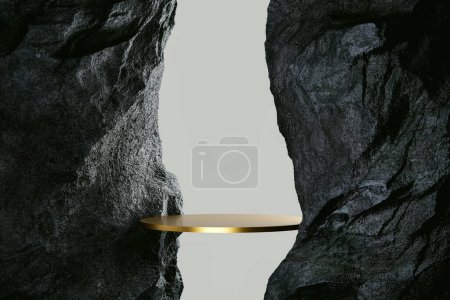 Photo for 3d presentation pedestal between two rocks. 3d rendering of mockup of presentation podium for display or advertising purposes - Royalty Free Image