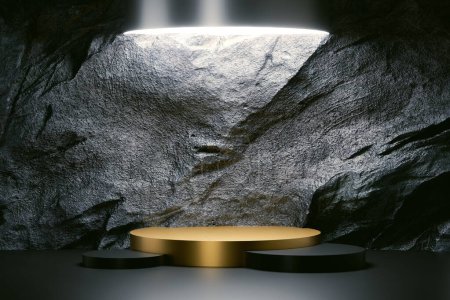 3d presentation pedestal with natural rock on background illuminated by top light. 3d rendering of mockup of presentation podium for display or advertising purposes