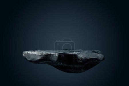 Piédestal de présentation 3D ou dais en roche naturelle lévitant sur fond noir. 3d rendu de maquette de podium de présentation à des fins d'affichage ou de publicité