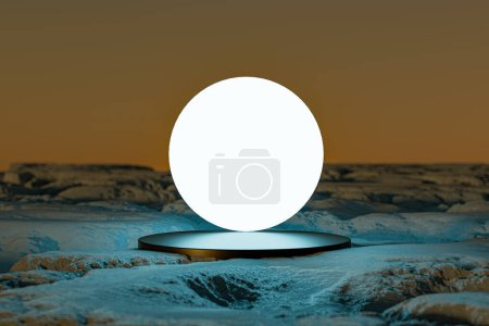 Photo for 3d presentation pedestal illuminated by round light over rock landscape background. 3d rendering of mockup of presentation podium for display or advertising purposes - Royalty Free Image