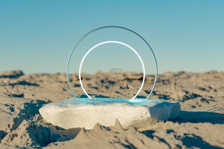 Photo for 3d presentation pedestal made of rock with circle frame over rock landscape background. 3d rendering of mockup of presentation podium for display or advertising purposes - Royalty Free Image