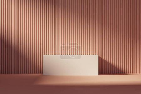 3d presentation pedestal or dais in pink room illuminated by sunlight. 3d rendering of mockup of presentation podium for display or advertising purposes