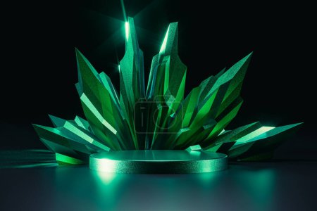 Photo for 3d presentation pedestal or dais with emerald at background. 3d rendering of mockup of presentation podium for display or advertising purposes - Royalty Free Image