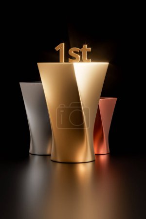 Foto de 3d ilustración de oro ganador taza diseño único, con el signo del 1er lugar. 3d representación de copas de premio de competición deportiva - Imagen libre de derechos