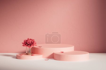 Photo for 3d presentation pedestal with flower in vase and pink background. 3d rendering of mockup of presentation podium for display or advertising purposes for cosmetic or other products - Royalty Free Image