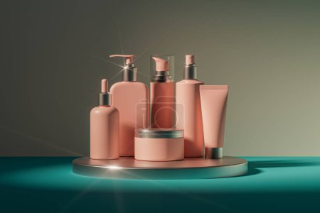 3d ilustración de conjunto de diversos envases cosméticos en color rosa de pie en el estudio interior pedestal de metal. Frascos, botellas, tubos, aerosoles y otros recipientes cosméticos maqueta