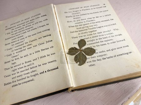 Téléchargez les photos : Trèfle à quatre feuilles pressé dans un livre antique - en image libre de droit