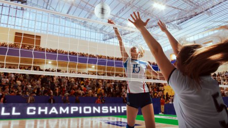 Photo for Female volleyball players in action on professional stadium. - Royalty Free Image