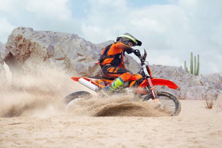 Photo for Young man practice riding dirt motorcycle. Splashing sand - Royalty Free Image