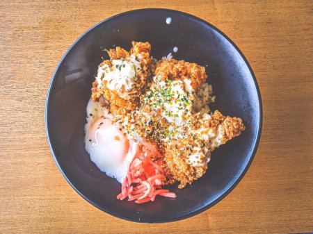 Photo for Nanban Chicken Rice Bowl with onsen half boiled egg and pickled ginger - Royalty Free Image
