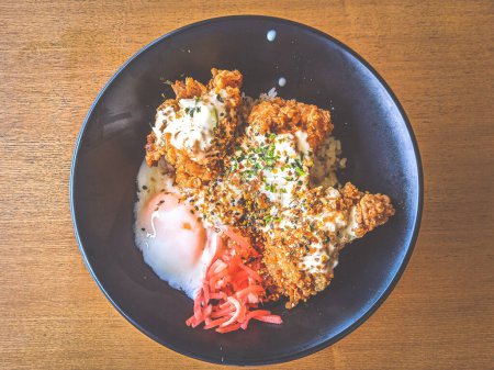 Photo for Nanban Chicken Rice Bowl with onsen half boiled egg and pickled ginger - Royalty Free Image