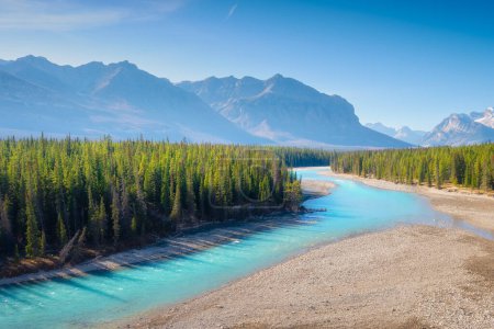 Téléchargez les photos : Paysage montagneux le jour. Rivière et forêt dans une vallée de montagne. Paysage naturel avec un ciel bleu et des nuages. Parc national Banff, Alberta, Canada. - en image libre de droit