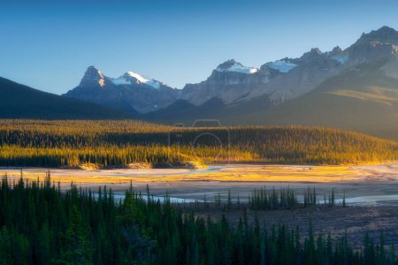 Photo for Mountain landscape at dawn. Sunbeams in a valley. Rivers and forest in a mountain valley at dawn. Natural landscape with bright sunshine. High rocky mountains. Alberta, Canada. - Royalty Free Image