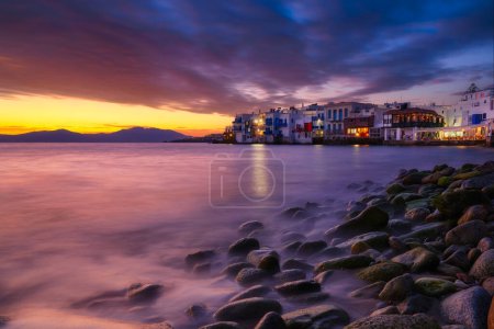 Photo for Mykonos, Greece. View of a traditional house in Mykonos. The area of Little Venice. Seascape during sunset. Sea shore and beach. Photo for travel and vacation. - Royalty Free Image