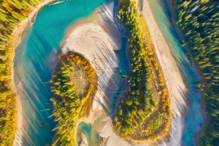 Téléchargez les photos : A drone view of the river in the woods. An aerial view of an autumn forest. Winding river among the trees. Turquoise mountain water. Landscape with soft light before sunset. - en image libre de droit
