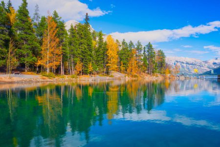 Téléchargez les photos : Mountain landscape at the day time. Lake and forest in a mountain valley. Natural landscape with a blue sky. Reflections on the surface of the lake. - en image libre de droit