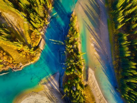 Photo for Fall landscape. A drone view of the river in the woods. An aerial view of an autumn forest. Winding river among the trees. Turquoise mountain water. Landscape with soft light before sunset. - Royalty Free Image