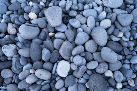 Téléchargez les photos : Des cailloux gris comme fond. Des pierres rondes sur la plage. Photographie pour le design. Textures dans la nature. - en image libre de droit