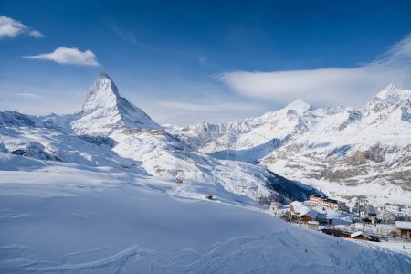 Photo for Matterhorn, Switzerland. Winter mountain landscape. A place for skiing. Zermatt ski resort. High rocks and snow. View of the mountain in Switzerland. - Royalty Free Image