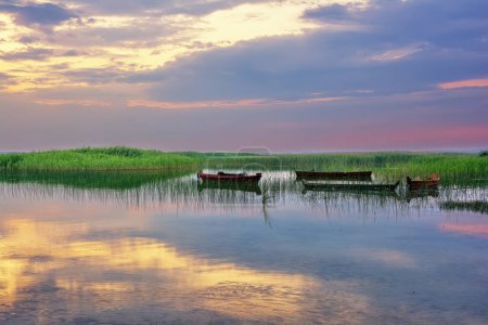 Foto de Puesta de sol sobre la orilla del lago con cañas y barcos de madera. - Imagen libre de derechos