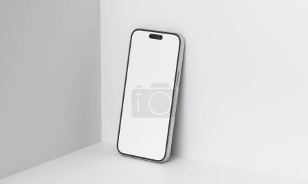 3D-Darstellung in der Hand hält das weiße Smartphone mit Vollbild und modernem rahmenlosen Design - isoliert auf weißem Hintergrund