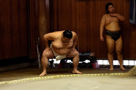 Foto de Sombras de fuerza: Luchadores de sumo se enfrentan en entrenamiento de baja tecla - Imagen libre de derechos