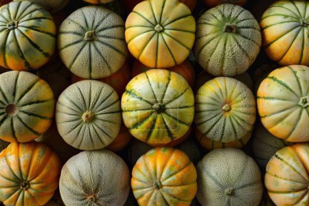 Close up of melons on display in the market,
