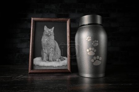 Zur Erinnerung an ein Haustier. Dekorative Urne neben einem Foto des Haustieres.