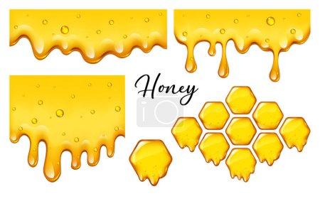 Yelllow honeycombs with flowing honey borders set isolated, design for medicine logo, product packaging, vector illustration